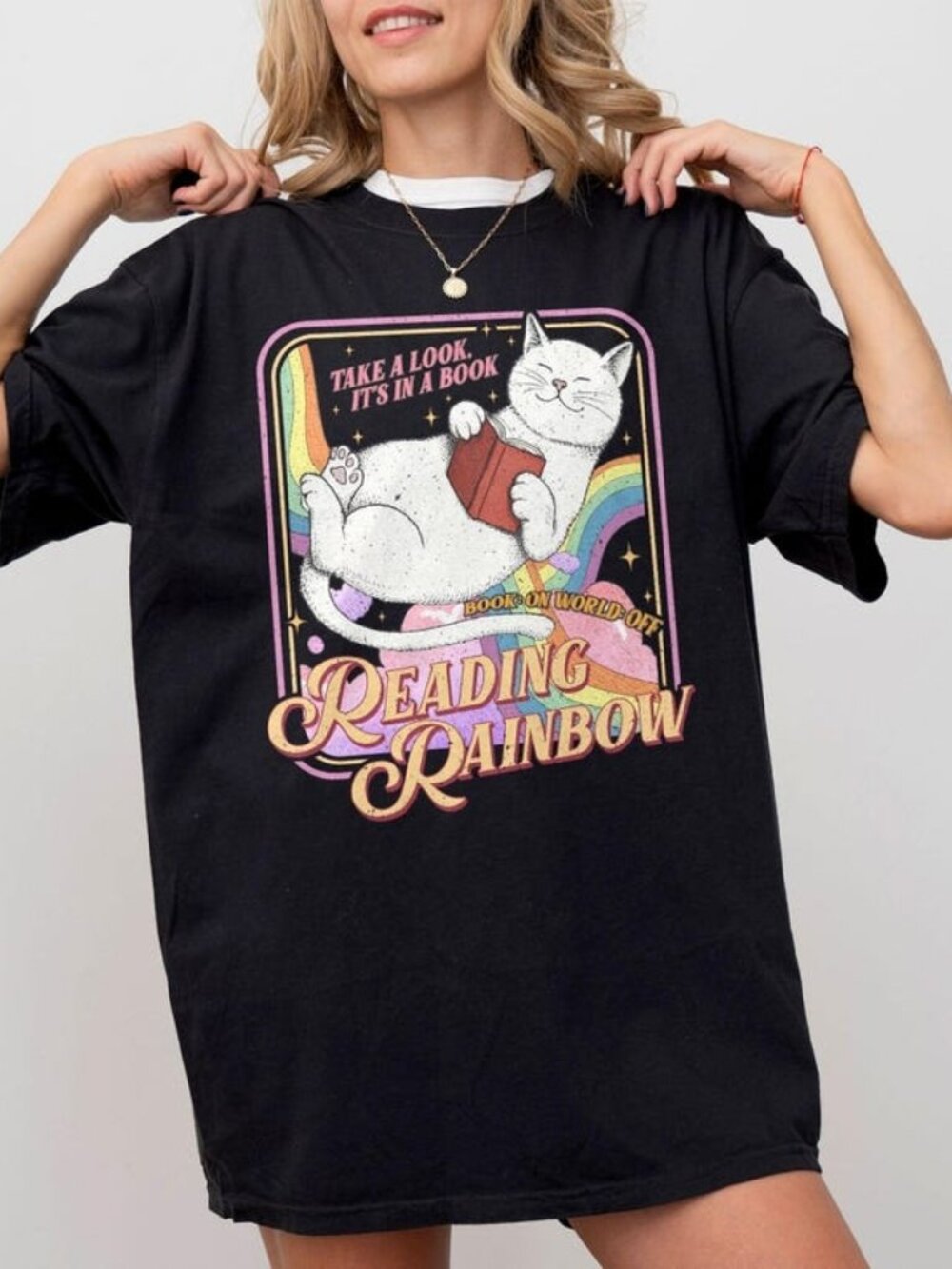 Cute Cat Reading T-shirt, Rainbow Book Club Graphic Tee